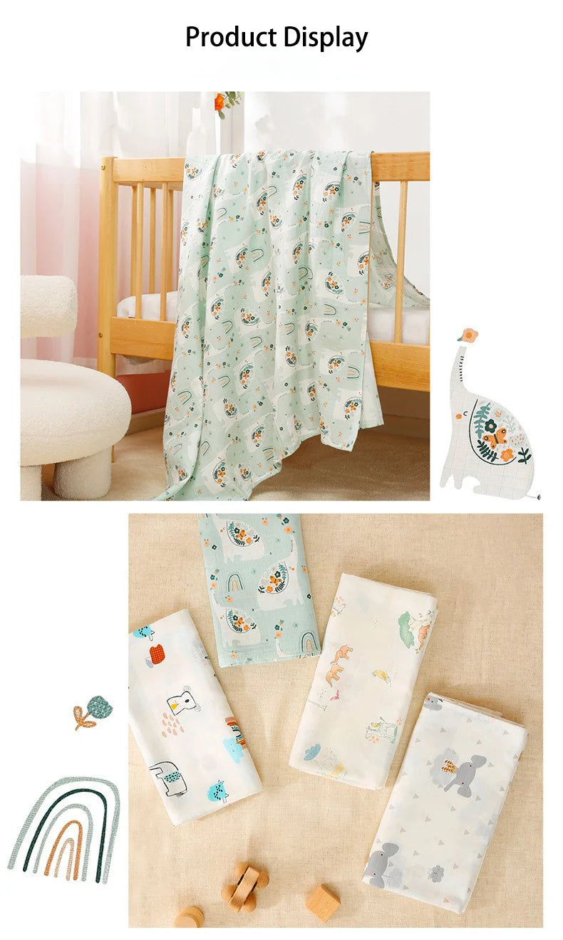 Muslin Cotton & Bamboo Double-Gauze Baby Blanket – 125×125 cm, Soft, Breathable & Cartoon Print