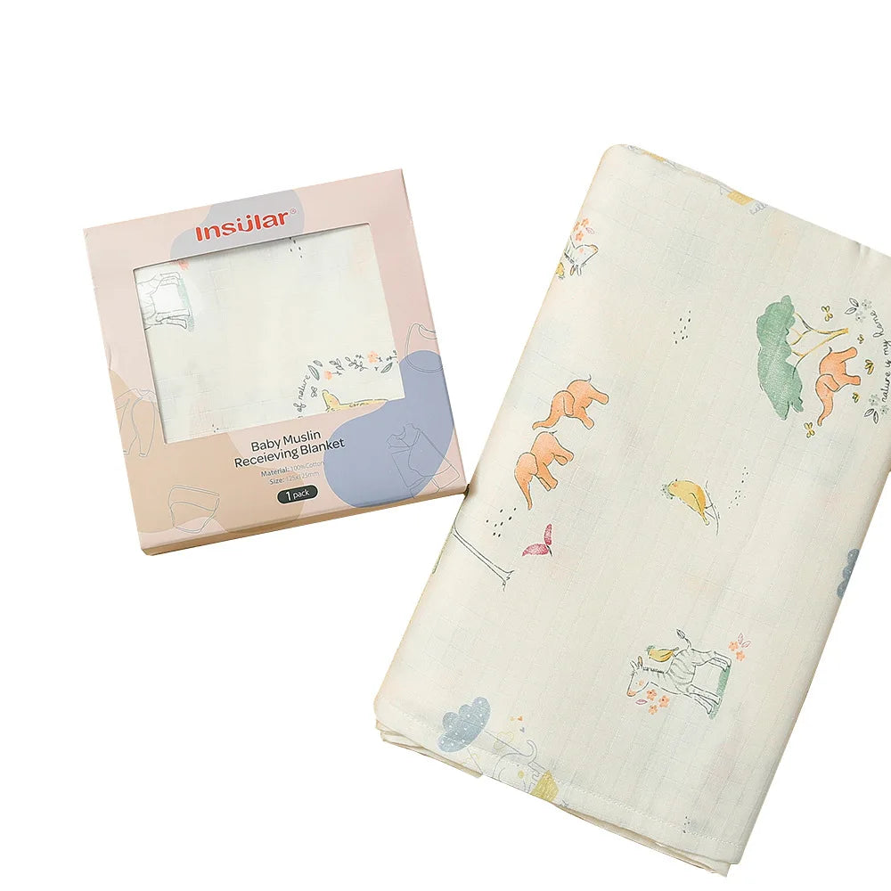 Muslin Cotton & Bamboo Double-Gauze Baby Blanket – 125×125 cm, Soft, Breathable & Cartoon Print