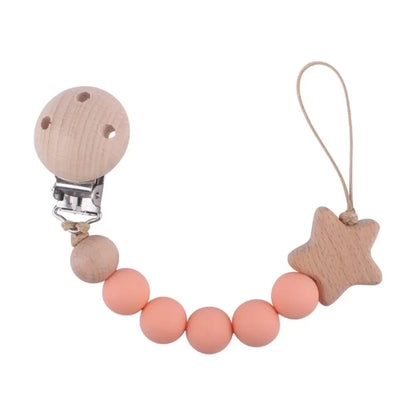 Silicone & Wood Baby Pacifier Chain – Natural Soother Holder (23 cm, Unisex)