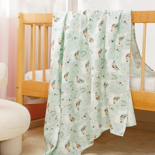 Muslin Cotton & Bamboo Double-Gauze Baby Blanket – 125×125 cm, Soft, Breathable & Cartoon Print