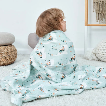 Muslin Cotton & Bamboo Double-Gauze Baby Blanket – 125×125 cm, Soft, Breathable & Cartoon Print