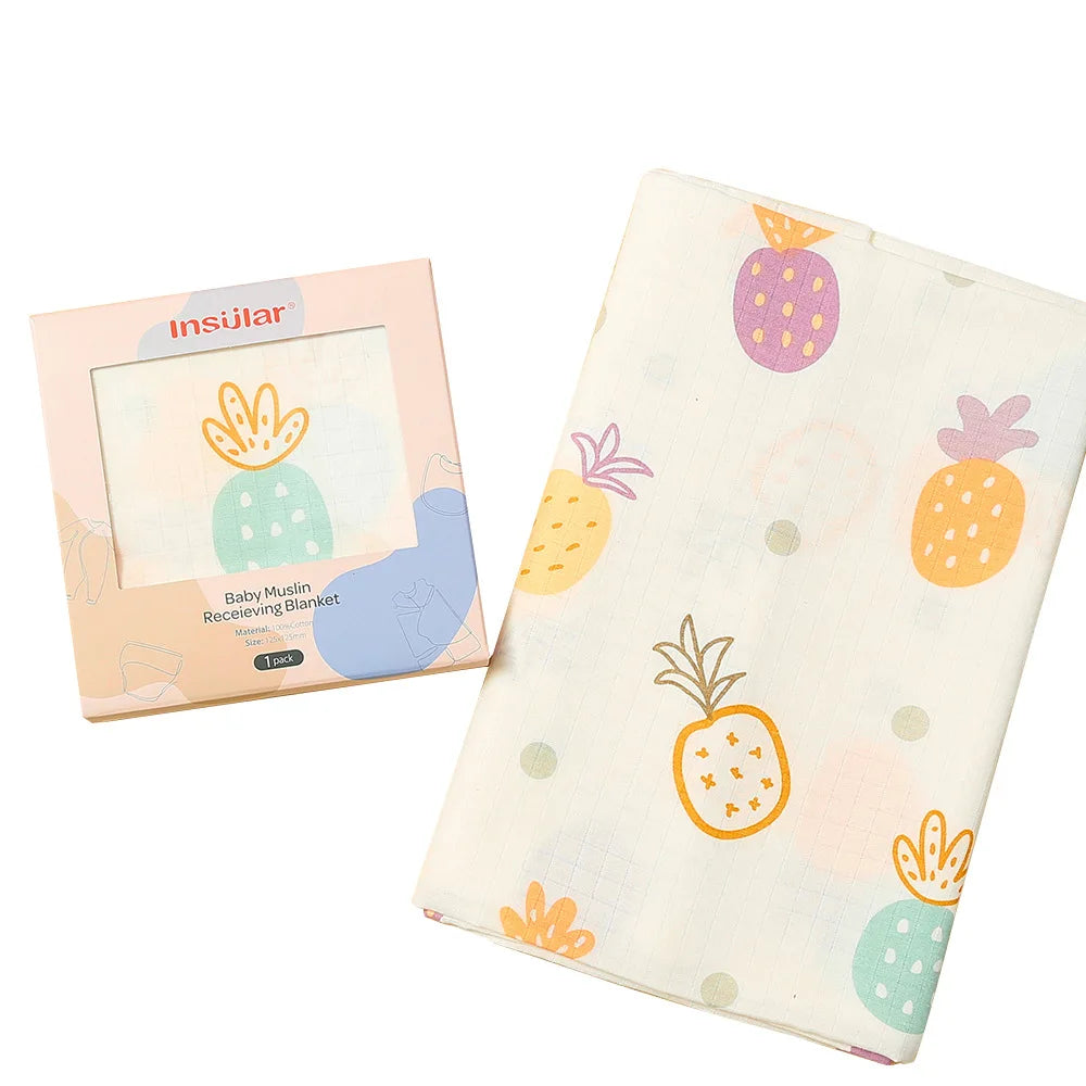 Muslin Cotton & Bamboo Double-Gauze Baby Blanket – 125×125 cm, Soft, Breathable & Cartoon Print