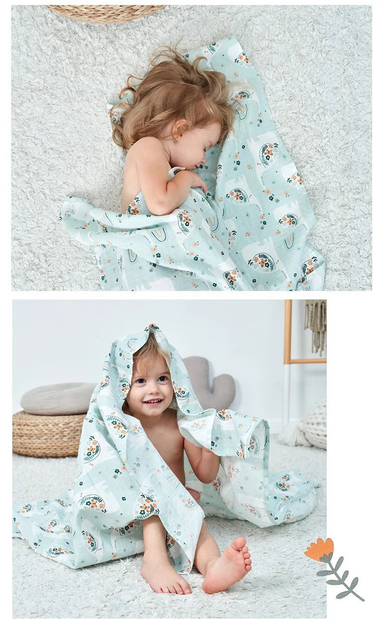 Muslin Cotton & Bamboo Double-Gauze Baby Blanket – 125×125 cm, Soft, Breathable & Cartoon Print