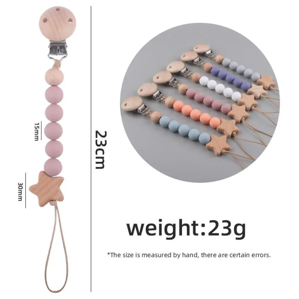 Silicone & Wood Baby Pacifier Chain – Natural Soother Holder (23 cm, Unisex)