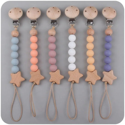 Silicone & Wood Baby Pacifier Chain – Natural Soother Holder (23 cm, Unisex)
