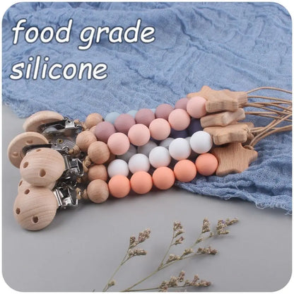 Silicone & Wood Baby Pacifier Chain – Natural Soother Holder (23 cm, Unisex)