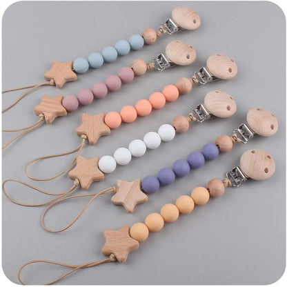 Silicone & Wood Baby Pacifier Chain – Natural Soother Holder (23 cm, Unisex)