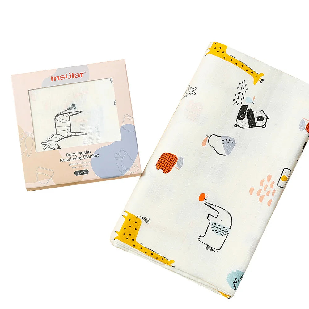 Muslin Cotton & Bamboo Double-Gauze Baby Blanket – 125×125 cm, Soft, Breathable & Cartoon Print