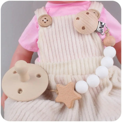 Silicone & Wood Baby Pacifier Chain – Natural Soother Holder (23 cm, Unisex)