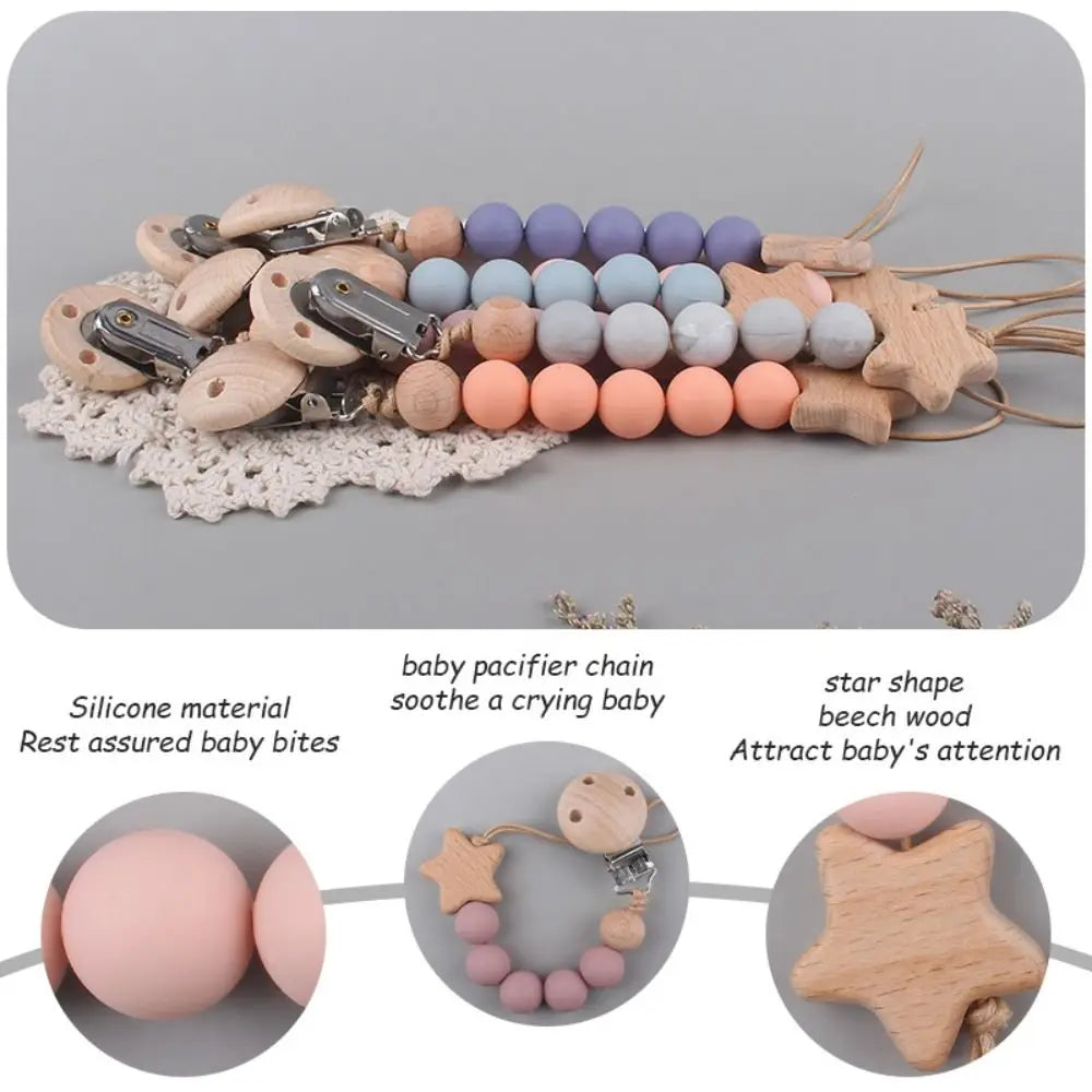 Silicone & Wood Baby Pacifier Chain – Natural Soother Holder (23 cm, Unisex)