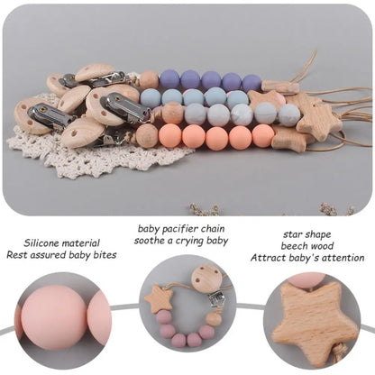 Silicone & Wood Baby Pacifier Chain – Natural Soother Holder (23 cm, Unisex)