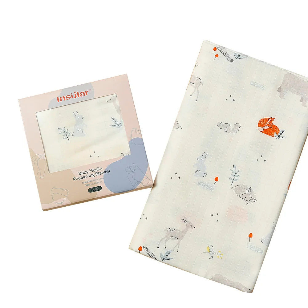 Muslin Cotton & Bamboo Double-Gauze Baby Blanket – 125×125 cm, Soft, Breathable & Cartoon Print