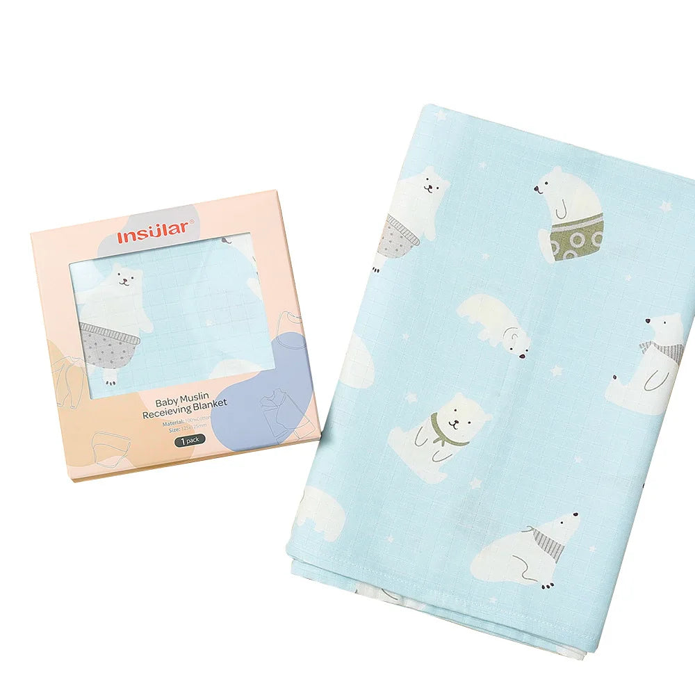 Muslin Cotton & Bamboo Double-Gauze Baby Blanket – 125×125 cm, Soft, Breathable & Cartoon Print